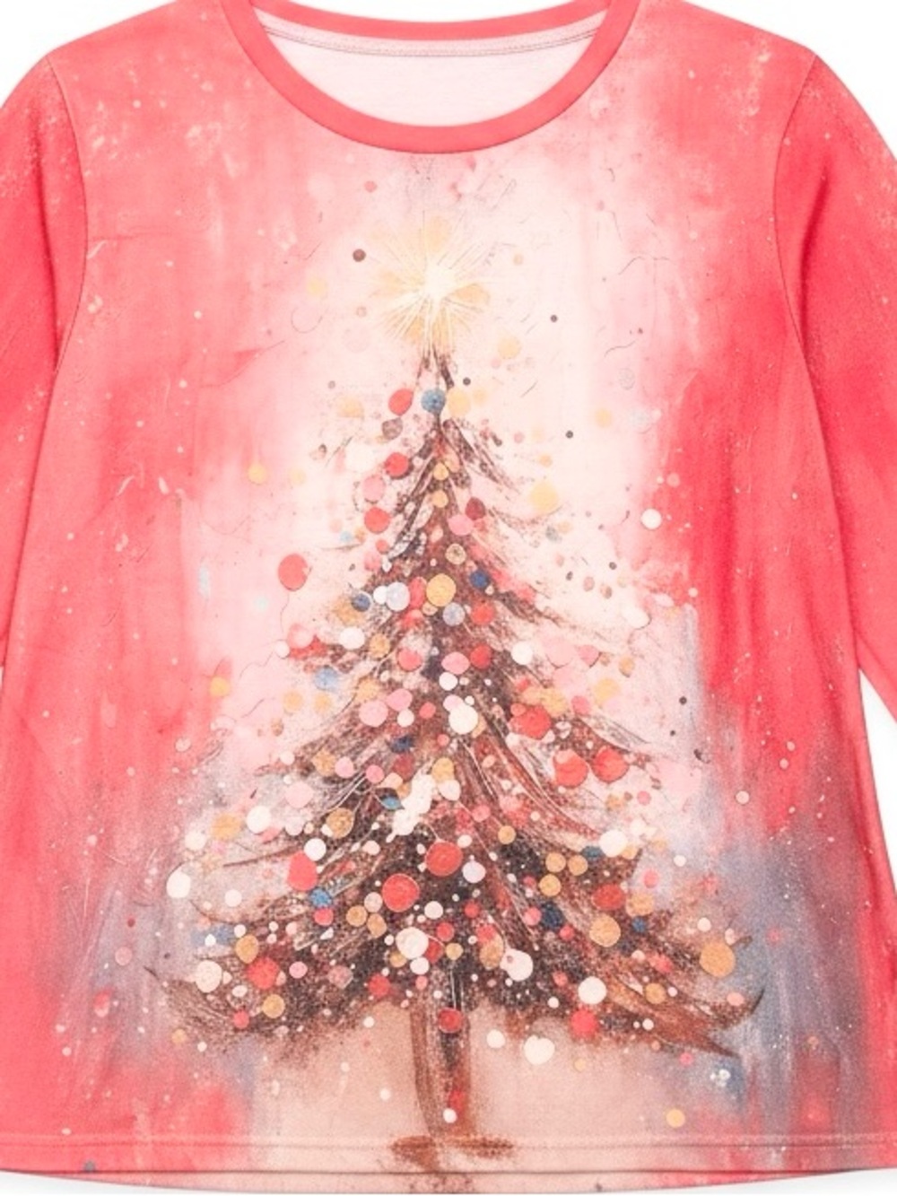 Vibrant Pink Watercolor-style Christmas Tree Graphic Long Sleeve Top